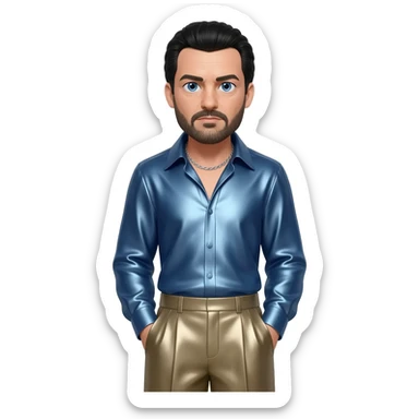 Oliver Reed with blue eyes, black hair and short beard, steel blue metallic shirt, taupe metallic baggy pants, silver necklace sticker