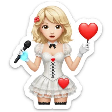 A woman in a white corset mini dress with a puffy skirt, lace gloves, wavy blonde hair with bangs, and a white microphone with a red heart sticker