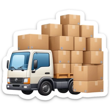 truck with a supplier in work uniform sitting inside, waving hi, cargo area overflowing with many boxes sticker