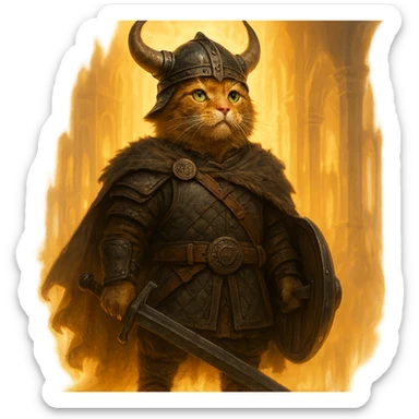 ginger cat as a valorous Viking, standing in Valhalla, glowing background, majestic sticker
