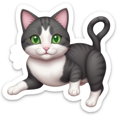 beautiful female solid dark grey cat with green eyes, white toes/paws and white patch on her chest playfully rolling upside down sticker