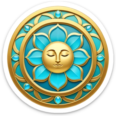 Un libro dorado y azul celeste con detalles esmeralda, bordes luminosos y un símbolo de círculo zen, un rayo de luz o un loto en la portada, irradiando presencia, tranquilidad y despertar espiritual.  sticker