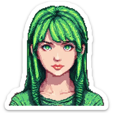 Minecraft pixel art face of Megan, with green hair, straight bangs, green eyes, matching the reference sticker