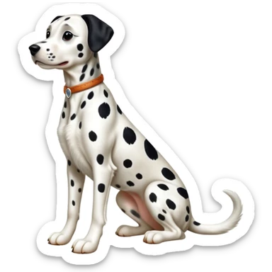 cinematic-[dalmatian dog]-realistic-full-body-sitting-emoji,-tail-resting-loosely-beside-its-paws,-head-tilted-dramatically,-sleek-[spotted]-fur,-simplified-yet-realistic-focused-features,-highly-detailed,-glowing-with-an-almost-sarcastic-glow sticker