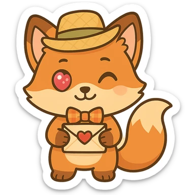 Make the fox wink with a shy happy expression, wearing a festive festa junina outfit, holding a love letter, with a big sparkling heart eye. Keep the cute chibi cartoon style, orange with white belly and fluffy tail, emoji-like proportions, and minimal or transparent background. sticker