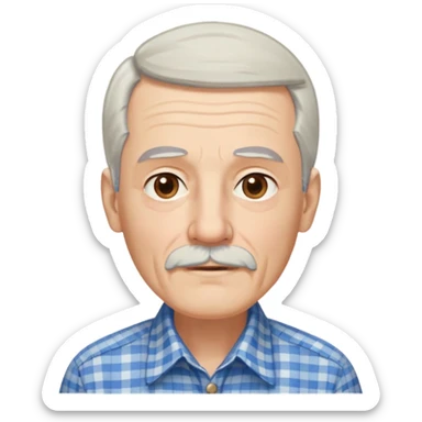 Thin elderly man with light skin. Elongated face with kind expression. Light brown eyes. Thin eyebrows. White goatee and white mustache. Fine straight gray-white hair with bangs, hair is long and goes past his ears. Slim build. Wearing a blue and beige checkered button-up shirt. sticker