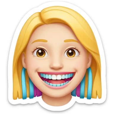 wide smile showing upper and lower teeth with colorful braces, cheerful emoji style sticker