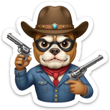 A bulldog wearing a cowboy hat, wearing a mask, pointing a revolver at you and telling you to hand over your money. sticker