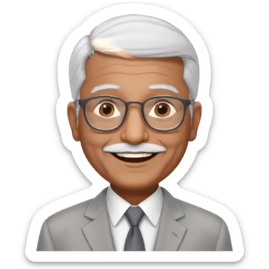 70 yr old indian man, short straight white hair brushed foreward , light grey business suit, big smile, dark brown skin, no moustache, dark brown eyes, glasses
 sticker