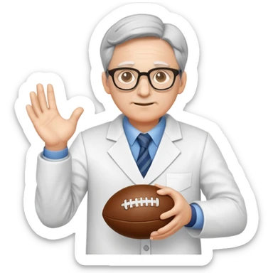 professor with glasses and academic attire with hands positioned as if gripping an invisible rugby ball sticker