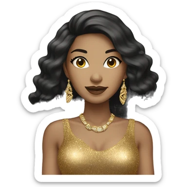 light skin woman with black long hair in gold sparkle dress with gold jewelry sticker