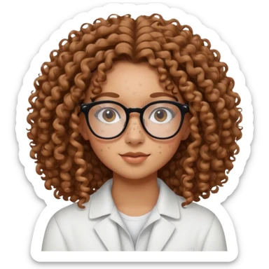 make a really curly hair, teen girl with glasses and little acne that looks like freckles longer like more than shoulder lengthcurly hair, and pretty withe makeup on giving clean girl vibes, and make her have tan skin

 sticker