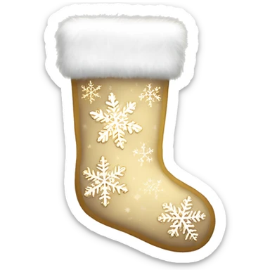 Beige Christmas stocking with sparkling gold snowflakes and white fur sticker