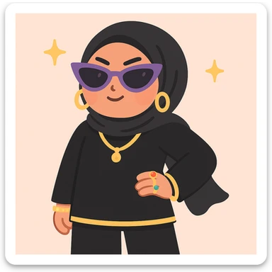 Change the outfit to black or very dark colors while keeping the baddie hijabi style. Show a fierce look with sunglasses, luxury accessories, chic hijab style, high fashion, confident stance, and gold accents. Accessories can stay colorful. sticker
