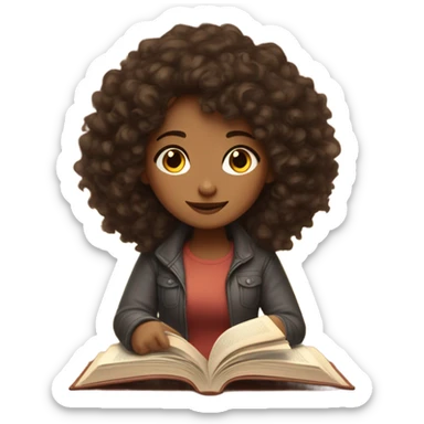 brunette curly hair reading a book cozy aesthetic sticker