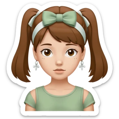 A y2k girl in sage green top and brown hair with a white headband and white long bows sticker