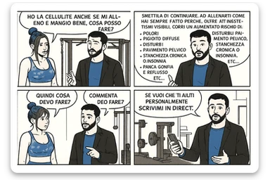 TRASFORMA QUESTO CAROSELLO IN UN FUMETTO CON QUESTE DUE PERSONE IDENTICHE CHE INTERLOQUISCONO TRA LORO:

Ho la cellulite anche se mi alleno e mangio bene, cosa posso fare?

Hai controllato il tuo baricentro corporeo?
Sapevi che se il peso del tuo corpo cade in avanti o da un lato, c’è un disallineamento fra bacino e torace, che comprimendo le coste, limita la motilità del diaframma e l’ossigenazione dei tessuti?
Il mio è il primo e unico percorso che lavora sugli inestetismi con un lavoro mirato sul baricentro corporeo.

Smettila di continuare ad allenarti come hai sempre fatto perché, oltre ad inestetismi visibili, corri un aumentato rischio di:
    • dolori e rigidità diffuse
    • disturbi pavimento pelvico
    • stanchezza cronica o insonnia
    • pancia gonfia e reflusso (bruciore)
    • etc…


Quindi cosa devo fare?
Commenta, qua sotto, con “simmetria” e ti mando un esempio del lavoro da fare. Lo stesso sistema con cui ho aiutato migliaia di persone, fra cui centinaia di donne a risolvere definitivamente gli inestetismi.
Metterei il prima e dopo

Se vuoi che ti aiuti personalmente
SCRIVIMI IN DIRECT sticker