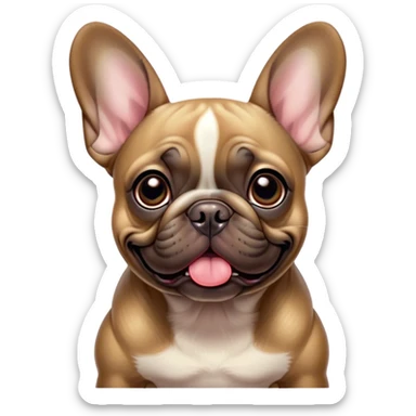 Cinematic Comical Fawn French Bulldog Portrait Emoji, Head tilted dramatically with an exaggeratedly amused expression, featuring a striking fawn coat with a subtle brindle pattern, wide, expressive dark eyes filled with playful disbelief, Simplified yet hilariously expressive features, highly detailed, glowing with a slightly sassy glow, high shine, dramatic yet playful, stylized with an air of cheeky charm, bright and endearing, soft glowing outline, capturing the essence of a spirited and over-the-top companion, so meme-worthy it feels like it could side-eye its way into internet fame instantly! sticker