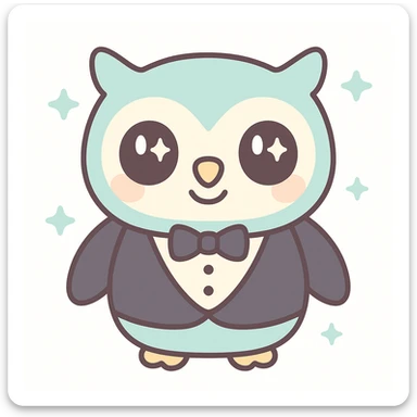 a friendly owl wearing a tuxedo, looking helpful, kawaii style sticker