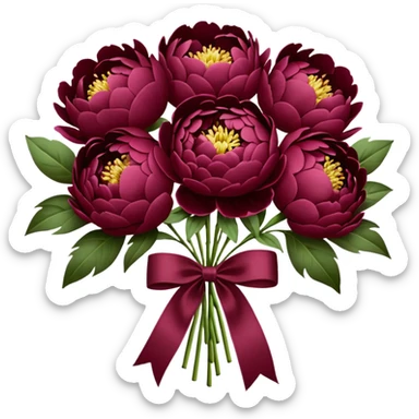 Big bouquet of burgundy peonies with a white satin ribbon sticker