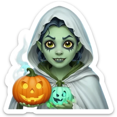 female orc ghost emoji, green skin, tusks, gentle smile, wearing flowing white ghost cloak with black eye holes, holding pumpkin lantern, faint glowing blue mist, Halloween fantasy, smooth Apple emoji style, white background, square sticker
