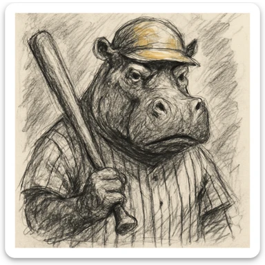 hippo holding a baseball bat, wearing a yellow helmet, pinstripes outfit sticker