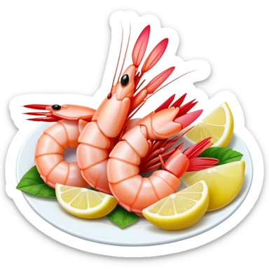 Cinematic glistening shrimp, pink and juicy, slightly curled with a light char, served with lemon wedges, ultra-detailed and fresh, warm glowing background. sticker