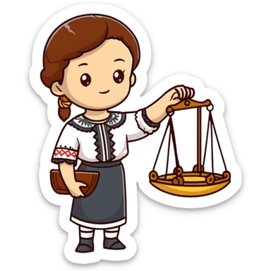 Ukrainian girl with brown hair wearing traditional embroidered shirt (vyshyvanka) holding scales of justice in her hand sticker