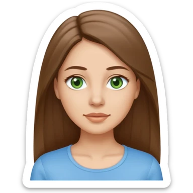 Adult woman avatar, light skin tone, oval face, straight long ash-brown hair, green eyes, neutral mouth, sky blue top sticker