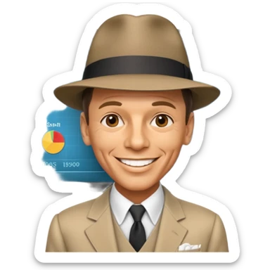 Frank Sinatra with the hat on, smiling and showing data analytics on a screen in the background sticker