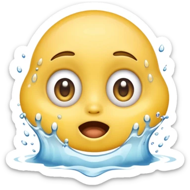 Classic yellow emojis face with super wide eyes and a large open mouth and a splash of water hitting its face sticker