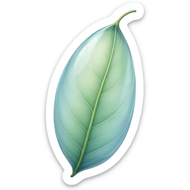 delicate cocoon-shaped leaf, translucent texture, soft curved lines, floating with light aura, gentle green-blue hues, warm earth undertones sticker