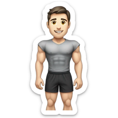 Pale skinned Fit Man With the biceps and dark brown hair in gray shirt, black sports shorts and white Sneakers Writing text on the flipchart sticker