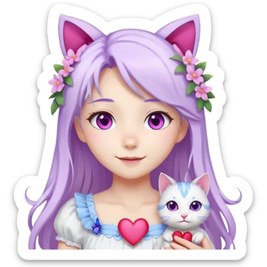 female anime character with pink eyes long white hair periwinkle highlights and cat ears on her head. She is wearing a white dress with purple flowers and butterfly. holding a heart sticker