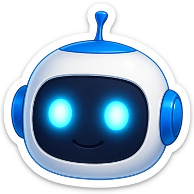 Robot head only, matching the style and colors of the reference robot (blue and white), head with normal shine, eyes extra bright and luminous, cute and friendly expression, no background, in the style of the reference robot. sticker