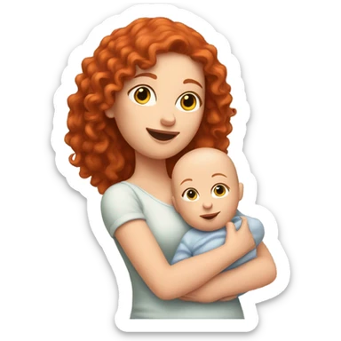 white girl with long red curly hair holding bald baby sticker
