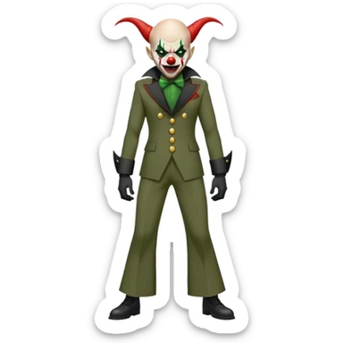 evil clown, bald, small black satan horns on forehead, fangs, pointed ears, black and military green leisure suit with bellbottom pants, realistically proportioned, less bulky, full body, battle-ready fighting posture sticker
