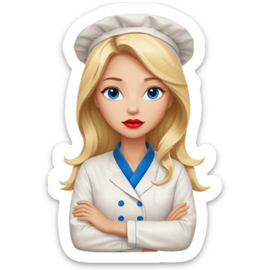 Beautiful, sexy,  long blonde hair, blue eyed, full red lips plunging v neck chefs coat, female chef arms folded  sticker