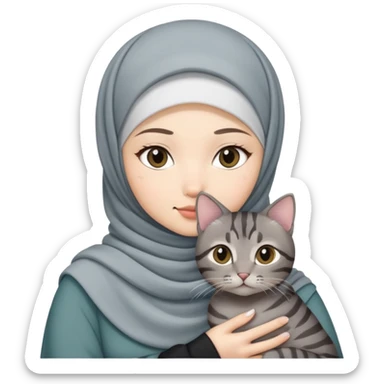 Asian White girl wearing hijab holding a black grey tabby cat sticker