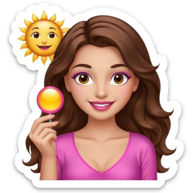 girl with long wavy brown hair, brown eyes, long lashes makeup, sexy pink lips, smiling, light to medium complexion, wearing a pink sexy silk top, holding the sun icon  sticker