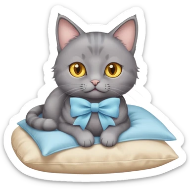 A grey cat with yellow eyes and a light blue bow sits on a beige pillow



 sticker