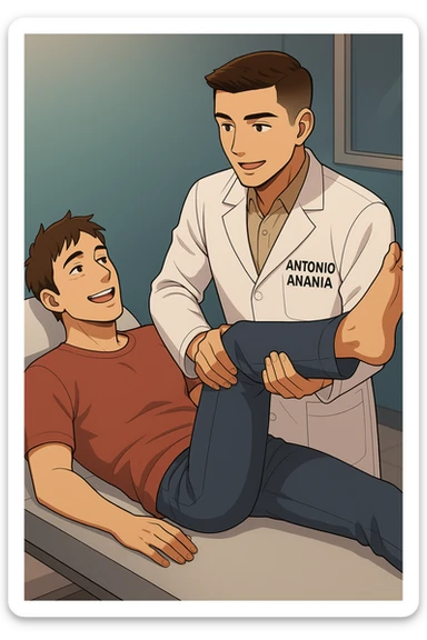 fai un webtoon manga a colori con questo stile, in cui un uomo è steso sul lettino medico e il kinesiologo con il camice bianco (fagli anche la scritta "ANTONIO ANANIA" SUL CAMICE, gli solleva una gamba per fargli il test neuromuscolare, IL KINESIOLOGO SPIEGA ALL'UOMO UNA cosa mentre gli alza la gamba. l'espressione dell'uomo è felice e soddisfatta, non fare i fumetti però, fai solo in modo che sembri stiano parlando, il lettino fai in modo che si veda tutto intero sticker