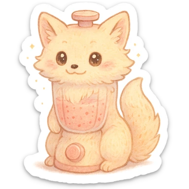 a blender transformed into a soft, fluffy fox with a transparent body and a fruity smoothie inside, sparkling eyes, pastel pink, full-body sticker
