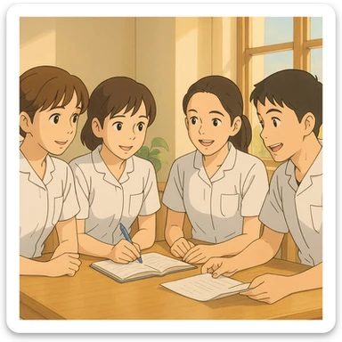 Quatre étudiants infirmiers en intérieur lumineux, style Ghibli, travaillant en collaboration et en interaction. Uniformes blancs à manches courtes, tuniques médicales col en V, poche poitrine à gauche, pas de pied de col, pas de stéthoscopes, avant-bras nus, cheveux longs attachés pour celles qui en ont. Inspirés des quatre visages fournis. sticker