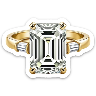 Single emerald cut colorless 5 carat diamond ring on a small gold band sticker
