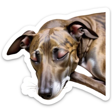 Meme-Worthy Cute Sleeping Brindle Greyhound Portrait Emoji, Head resting peacefully with a contented smile, showcasing a slender build and a luxuriously smooth brindle Fur, eyes shut in a serene nap, Simplified yet hilariously adorable features, highly detailed, glowing with a soft, drowsy light, high shine, relaxed and utterly lovable, stylized with an air of playful laziness, bright and heartwarming, soft glowing outline, capturing the essence of a comically sleepy racer, so meme-worthy it feels like it could instantly become the next viral sensation of adorable slumber! sticker