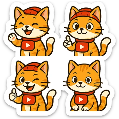 a playful and recognizable cat styled as a YouTube mascot, four variations sticker