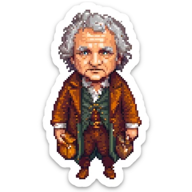 Whole body image of bilbo baggins from the lord of the rings the fellowship of the ring movie in pixel art style. Bilbo is old. Make Bilbo look like the actor that portrayed him in the movie, Ian Holm. sticker