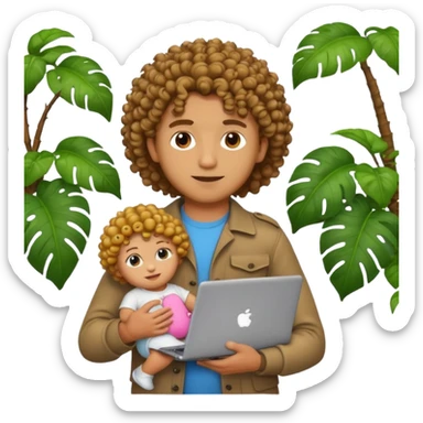 a guy with curly hair in the middle of the jungle holding a baby doll and a laptop, emoji style sticker