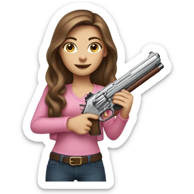 white girl with brown hair holding a pink gun  sticker